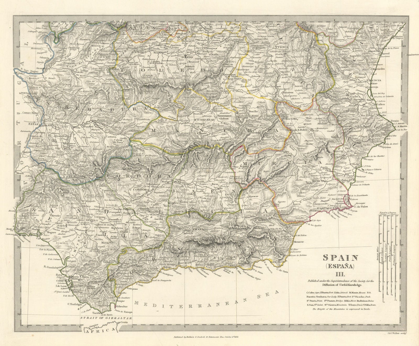 SPAIN SOUTH.Sevilla Granada Cordoba Jaen Murcia Valencia Toledo.SDUK 1844 map